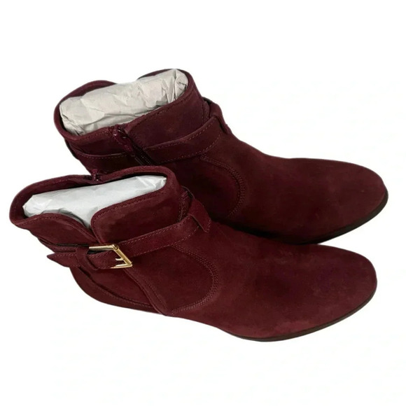 New Stitch Fix Sleek Bootie Burgundy Suede Leather Gold Buckle Heeled Boots - Picture 4 of 9